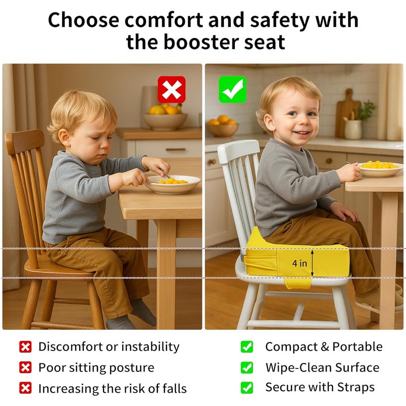 AAAini Toddler Booster Seat for Dining Table – PU Washable Cushion with Double Safe Straps, Non-Slip Bottom, Portable Travel Booster Seat for Toddlers (Yellow) - Image 4